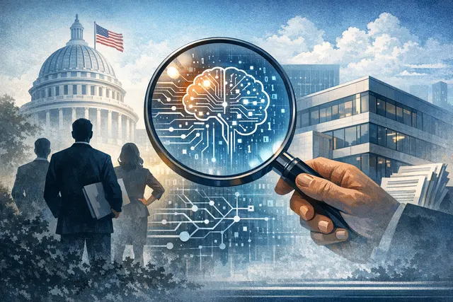 Illustration of the OpenAI logo being examined under a magnifying glass by a state seal of authority, symbolizing the state attorneys general investigation.