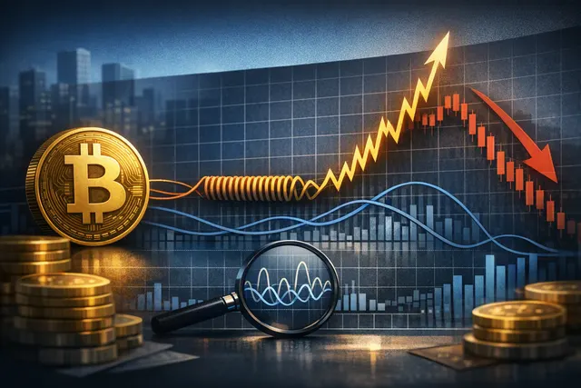 Abstract illustration of Bitcoin price volatility compressing before a potential breakout