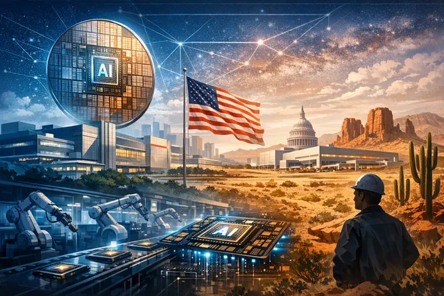 Editorial illustration of TSMC semiconductor fabrication expanding from Taiwan toward Arizona amid AI-chip demand
