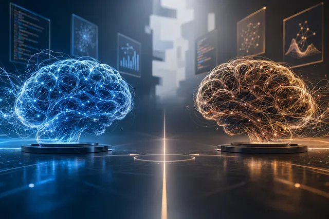Split-screen editorial illustration comparing Claude Opus 4.7 and GPT-5.5 for coding, agents, research and design
