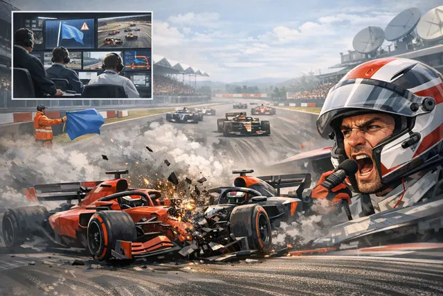 A dramatic scene at the 2026 Hungarian Grand Prix showing Formula 1 cars on track with blue flag light panels visible and driver numbers flashing on the side of the track