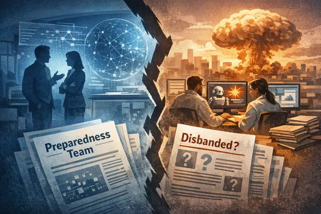 Editorial illustration of AI safety oversight and organizational risk assessment at OpenAI