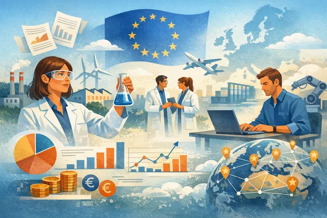 Collage of a European Union flag, a research laboratory, and a small business meeting, representing SME participation in EU-funded research programmes.