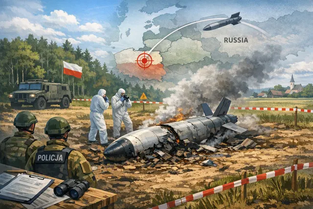 AI-generated editorial image of a crater in a field in eastern Poland near Tarnawa-Kolonia where a Russian Kh-101 cruise missile crashed on July 30, 2026.