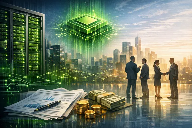 An abstract illustration representing Nvidia's $500 billion AI infrastructure financing partnership with Wall Street, featuring chip and data center imagery.
