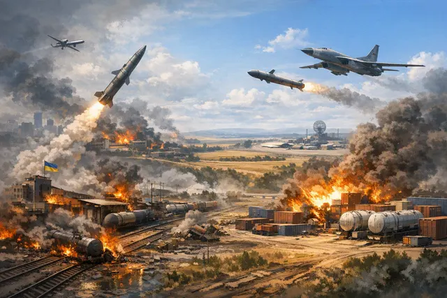 Illustrative map-style image representing long-range missile and drone attacks between Russia and Ukraine
