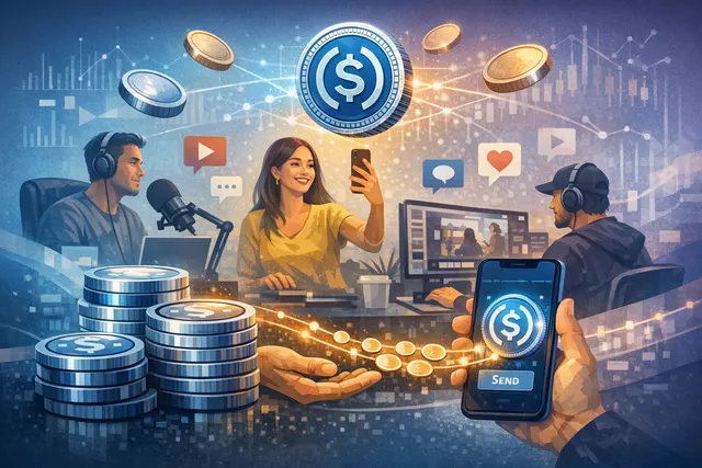 Illustration of X creator rewards being paid through a USDC stablecoin wallet