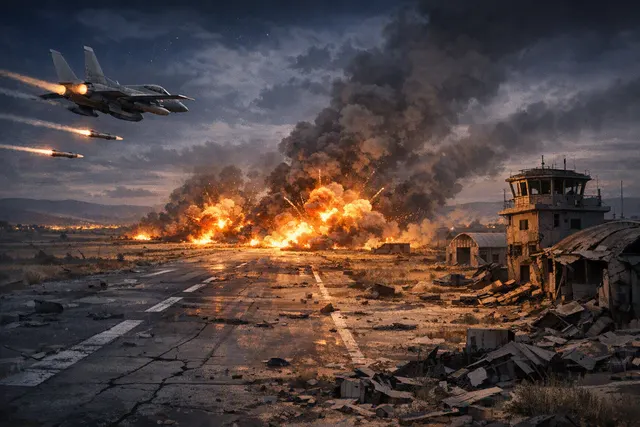 Illustration of Israeli airstrikes targeting the runway of Syria’s disused Abu al-Duhur airbase in Idlib
