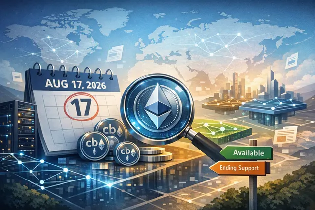 Illustration of Coinbase cbETH token with network logos for Arbitrum, Optimism, and Polygon marked as ending, and Ethereum and Base marked as supported