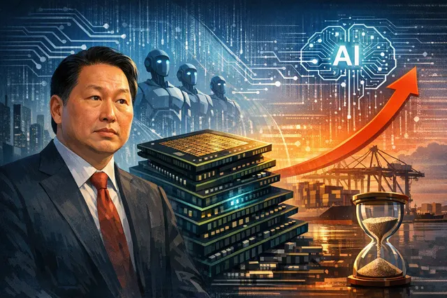 SK Group Chairman Chey Tae-won showing an HBM4 memory chip during a CNBC interview about AI memory shortage