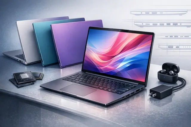 Concept render of the Lenovo IdeaPad Vibe laptop in multiple color options, shown against a clean gradient background.