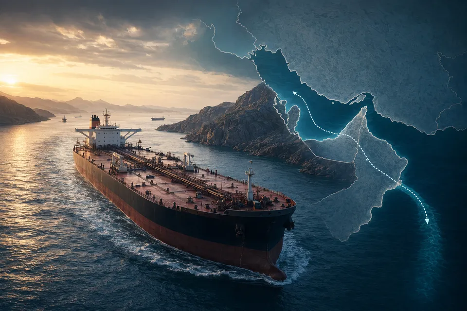 Oil supertanker transiting the Strait of Hormuz during heightened geopolitical tensions