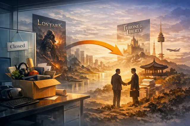 Concept illustration of Amazon Game Studios exit from MMO publishing, showing Lost Ark and Throne and Liberty transitioning back to their original developers.