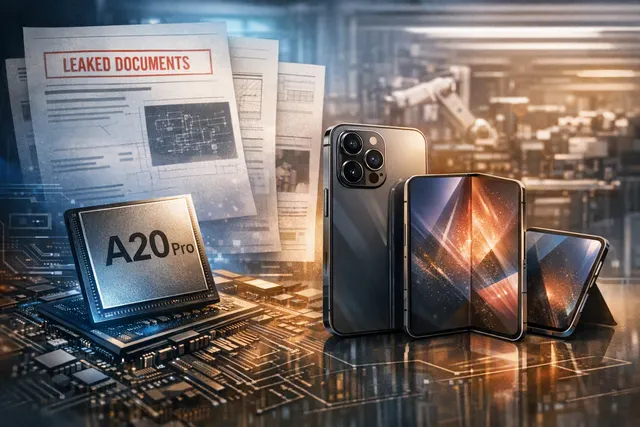 Conceptual illustration of Apple’s rumored A20 Pro chip and 2nm iPhone 18 Pro supply-chain leaks