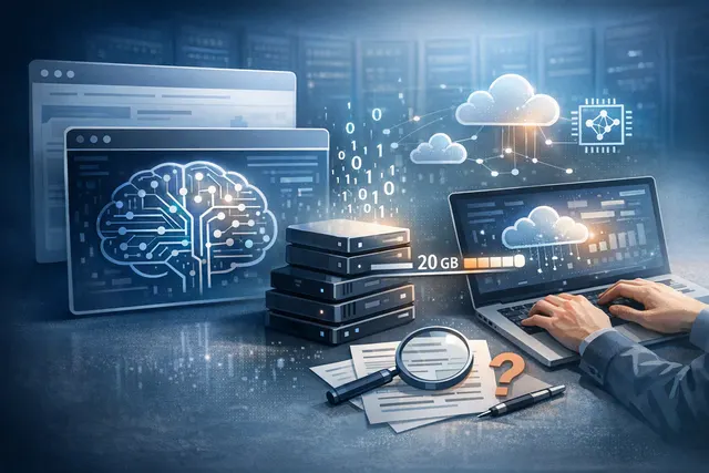 Conceptual illustration of Google Chrome and Microsoft Edge browsers with AI model download icons and a storage meter showing 20GB required space