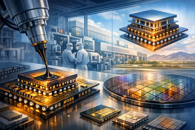 Intel EMIB-T advanced chip packaging technology diagram showing multi-die interconnect bridge with through-silicon vias for ultra-large AI chip packages at Rio Rancho facility