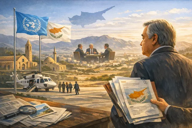 UN Secretary-General António Guterres standing at a podium with UN emblem, during his July 2026 visit to Cyprus — the first UN chief visit to the island in 16 years.