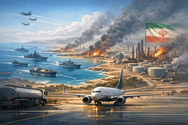Aerial view of a cargo ship navigating the Strait of Hormuz with oil tankers at sunset, representing the global energy chokepoint that triggered the 2026 aviation fuel crisis.
