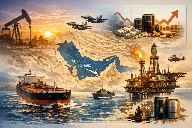 Oil tankers and cargo ships anchored near the Strait of Hormuz, illustrating the maritime supply disruption from the Iran crisis