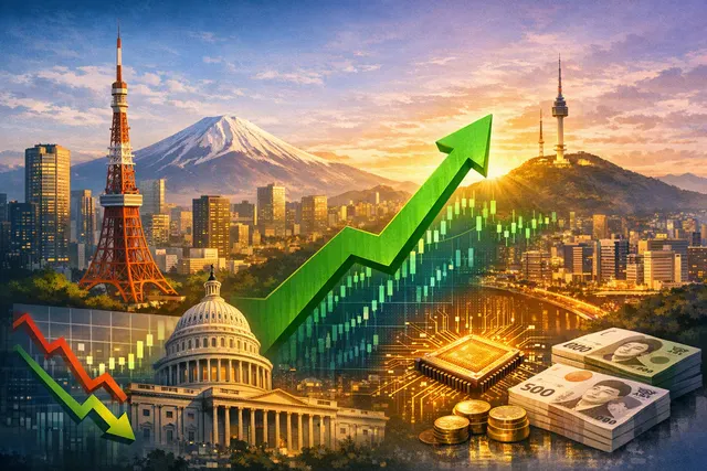 Stock market chart showing Asian markets rally with KOSPI and Nikkei 225 index gains on August 5, 2025