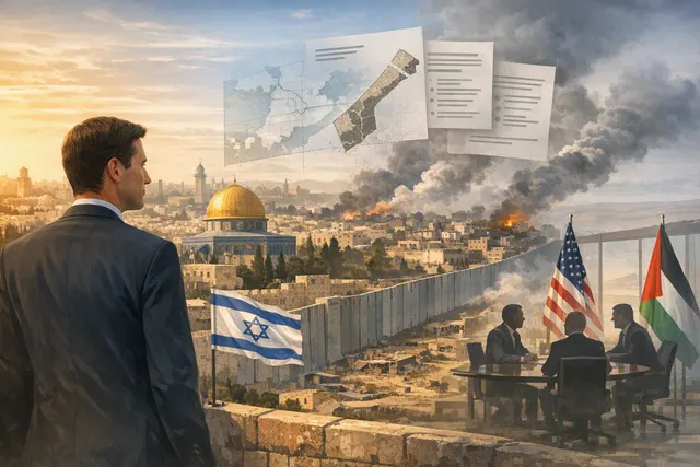A conceptual image representing the Gaza peace negotiations, featuring diplomatic documents and a Middle Eastern landscape.