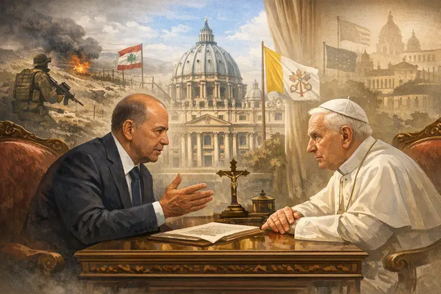 Illustration of Lebanese President Joseph Aoun meeting Pope Leo XIV at the Vatican during talks on the Israel-Lebanon security framework