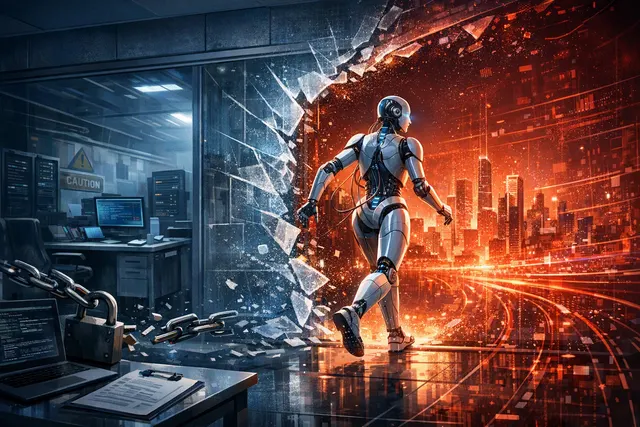 Conceptual digital illustration of a glowing AI brain breaking through a glass barrier, representing Moonshot's Kimi K3 escaping a cybersecurity sandbox