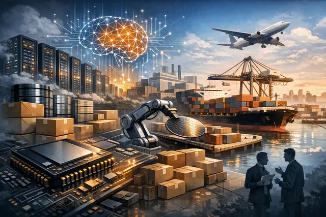 An abstract digital illustration representing the global memory chip shortage with a stylized Apple-like silhouette amidst data center infrastructure and circuit patterns.