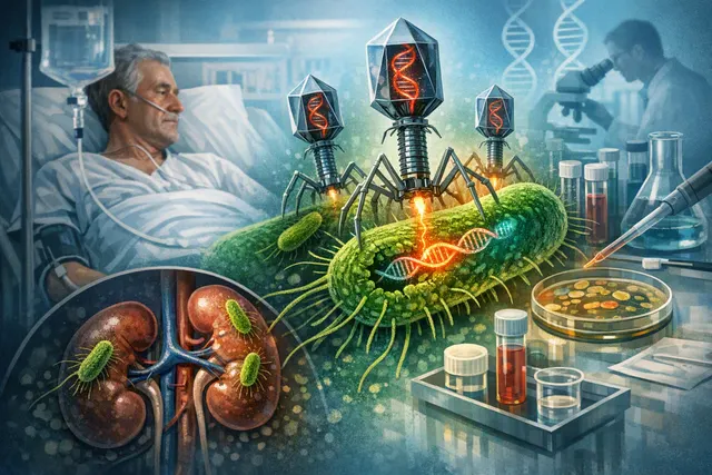 Microscopic visualization of bacteriophages (viruses) attacking a drug-resistant E. coli bacterium, representing CRISPR-armed phage therapy