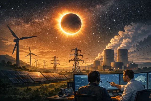 AI-generated illustration showing a total solar eclipse over a European power grid, with high-tension power lines and solar panels silhouetted against a darkened sky, representing