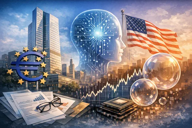 Abstract editorial illustration of artificial intelligence driving a concentrated technology stock-market rally