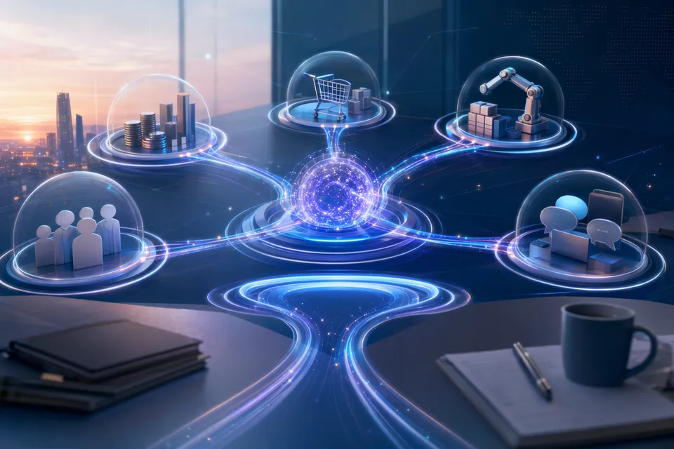 Conceptual illustration of SAP autonomous enterprise AI agents interacting with business workflows and cloud platforms
