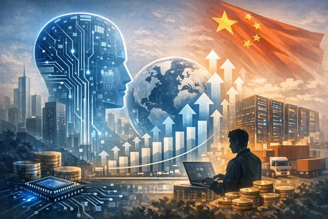 AI-generated editorial image showing a visual metaphor for the AI price war between Chinese and American AI models