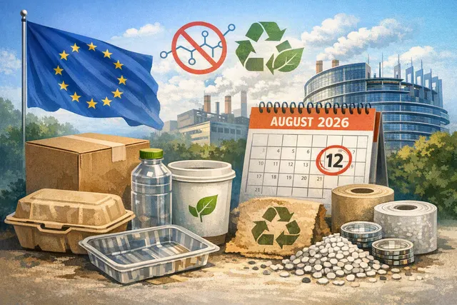 A conceptual illustration of the EU Packaging and Packaging Waste Regulation (PPWR) showing a packaging timeline with PFAS ban, per-country registration, and recycled content manda