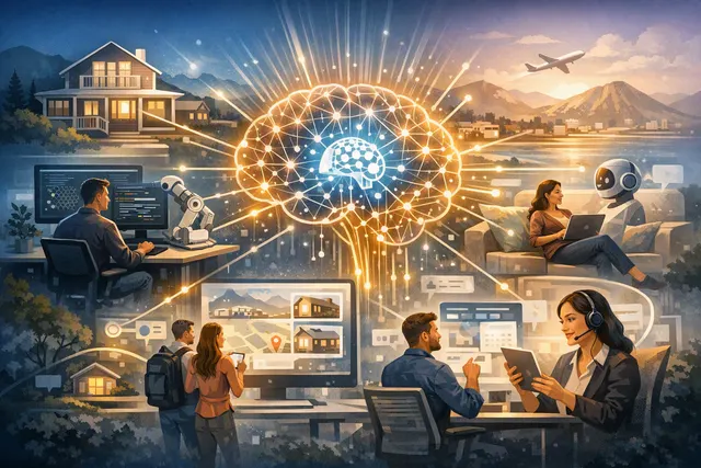 AI-generated illustration representing Airbnb's integration of AI into search, engineering, and customer support