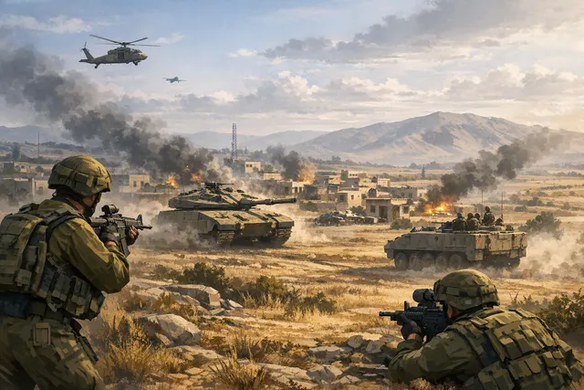 AI-generated editorial illustration of Israeli military vehicles entering a Syrian town near the Quneitra border