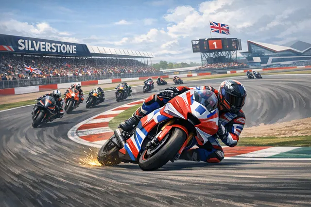 AI-generated image showing Jorge Martin leading the Aprilia trio during the 2026 British MotoGP sprint at Silverstone