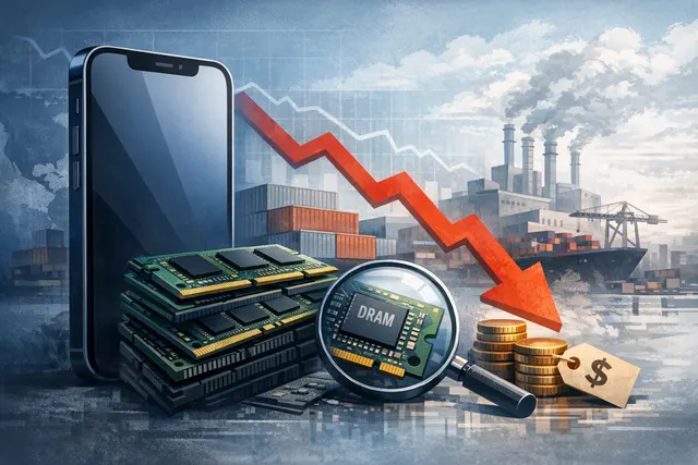 A conceptual image showing an iPhone 18 model surrounded by memory chips and AI data center server racks, with a price tag of $100, symbolizing the DRAM shortage crisis and price h