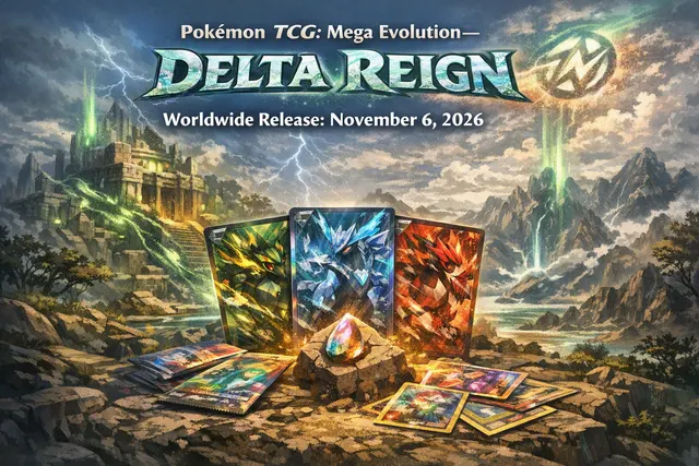 Editorial illustration of Mega Rayquaza ex leading the Pokémon TCG Mega Evolution—Delta Reign expansion