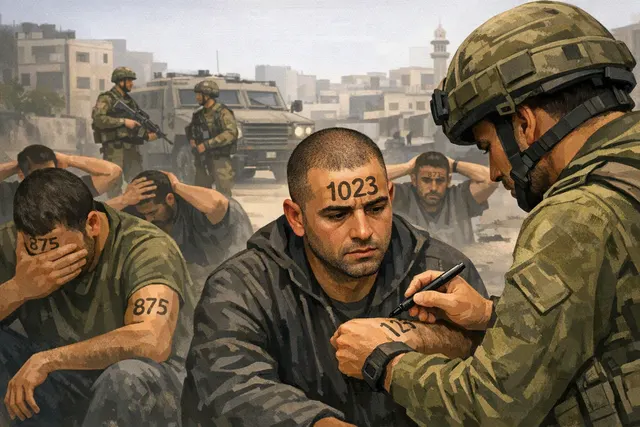 Illustrative editorial image of a Palestinian detainee with an identification number written in black marker during a West Bank raid