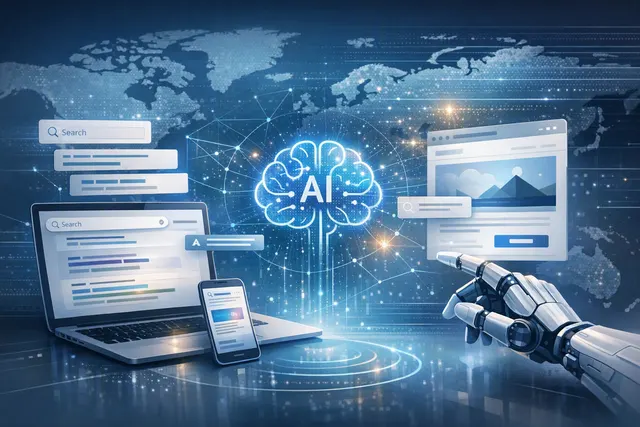 Abstract illustration of AI Max expanding search queries, customizing advertising text, and routing users to relevant landing pages