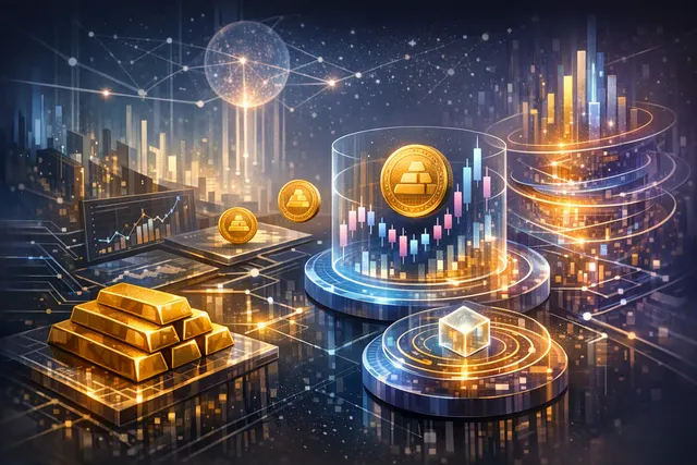 Stylized gold bars and blockchain lending network representing Aave’s tokenized-gold and DeFi lending growth