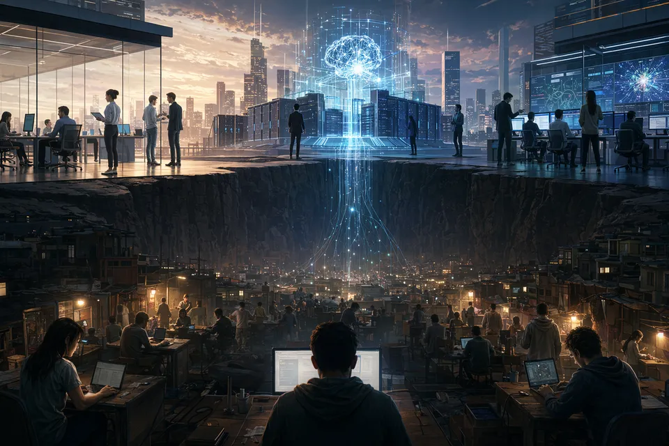 Illustration representing the divide in the tech industry between AI winners and struggling software engineers