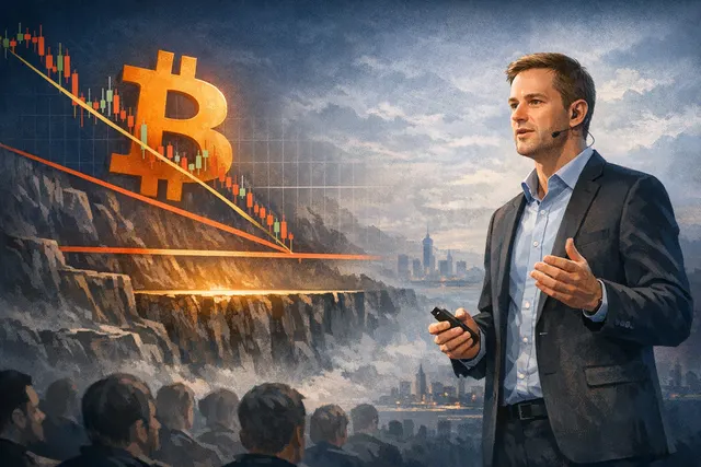 A stylized graphic illustrating Bitcoin's price chart with a downward trend approaching a 'maximum pain' zone, reflecting analyst warnings from the BTC Prague conference.