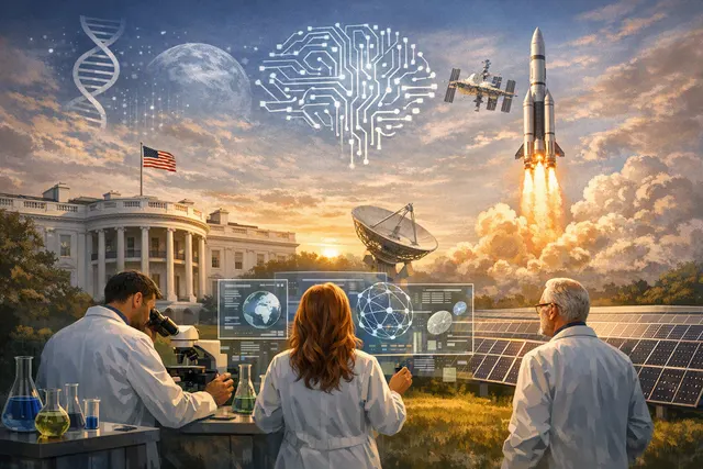 An AI-generated editorial illustration showing a futuristic American research laboratory with interconnected supercomputers, AI data streams, and a glowing Genesis Mission emblem,