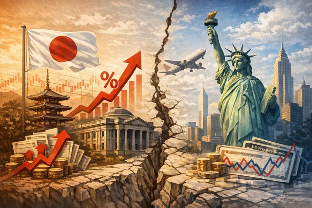 Editorial illustration of Japan and U.S. government bond yields rising across interconnected bond and currency markets