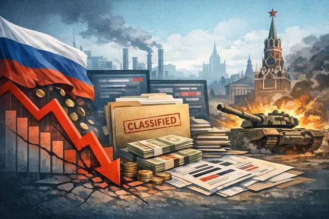 A conceptual illustration of Russia's federal budget deficit, showing a graph of declining revenue lines and rising military spending figures.