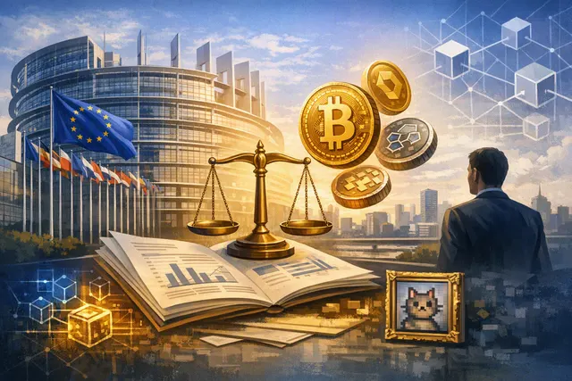 Abstract visualization of the EU MiCA regulatory framework, stablecoin tokens, and the EU flag, representing crypto regulation revision in 2026