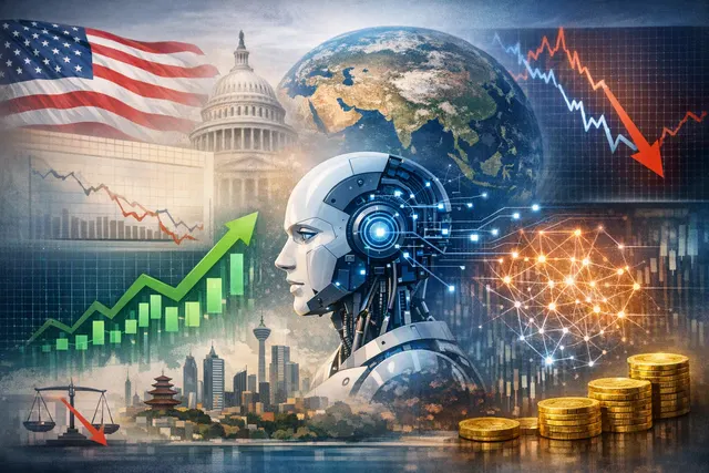Abstract representation of emerging market stock charts and AI chip circuitry, illustrating the surge in South Korean and Taiwanese equities driven by AI enthusiasm and cooler US i