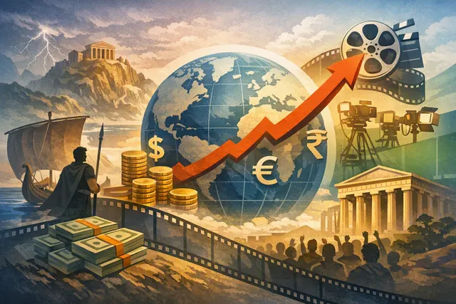 AI-generated editorial hero image for Christopher Nolan's The Odyssey box office performance tracking $700 million global run and comparison with Oppenheimer.